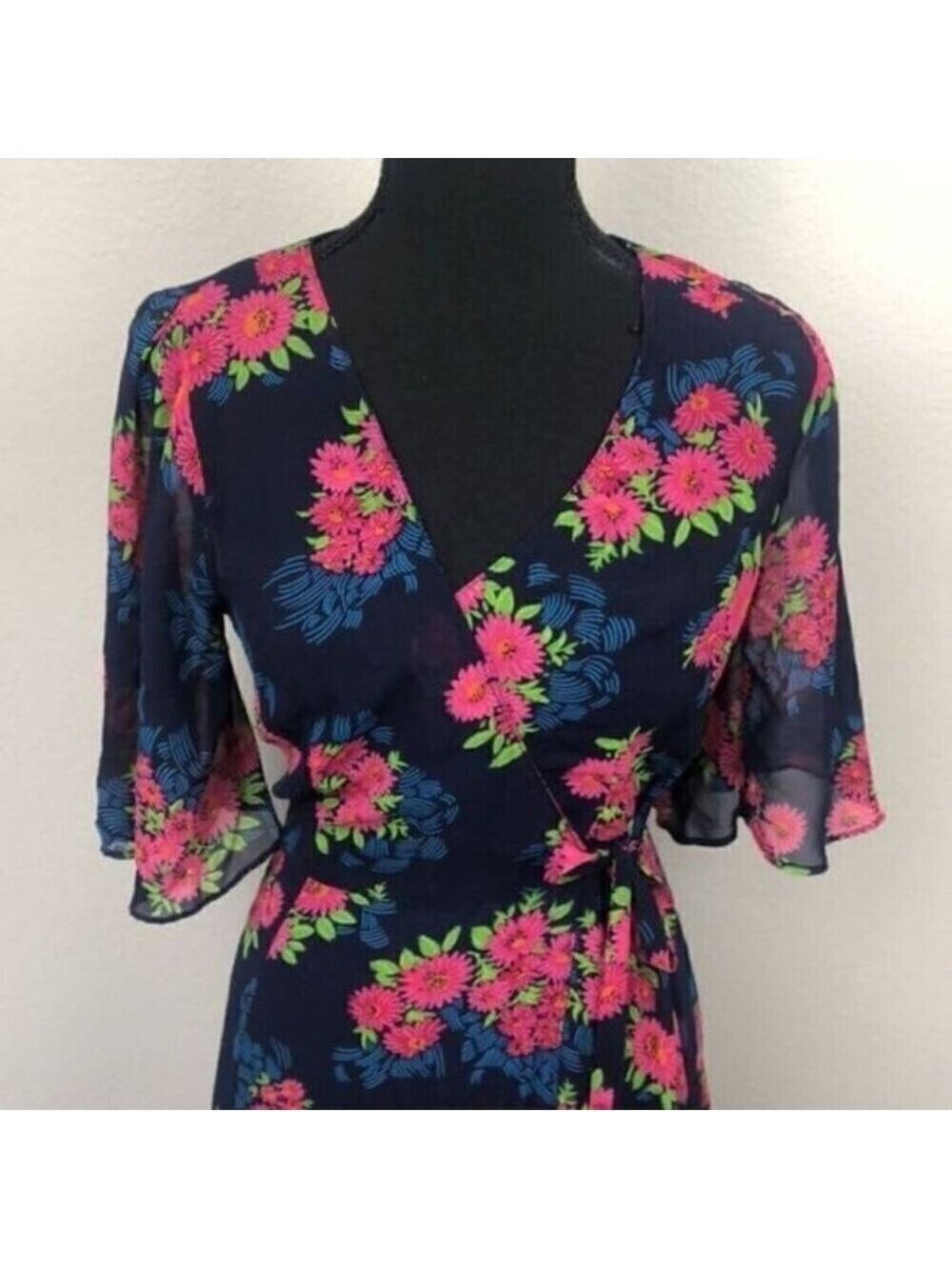 Zara Blue Maxi Wrap Dress Sheer Floral Chiffon V-Neck Short Flutter Sleeve S - Picture 8 of 15
